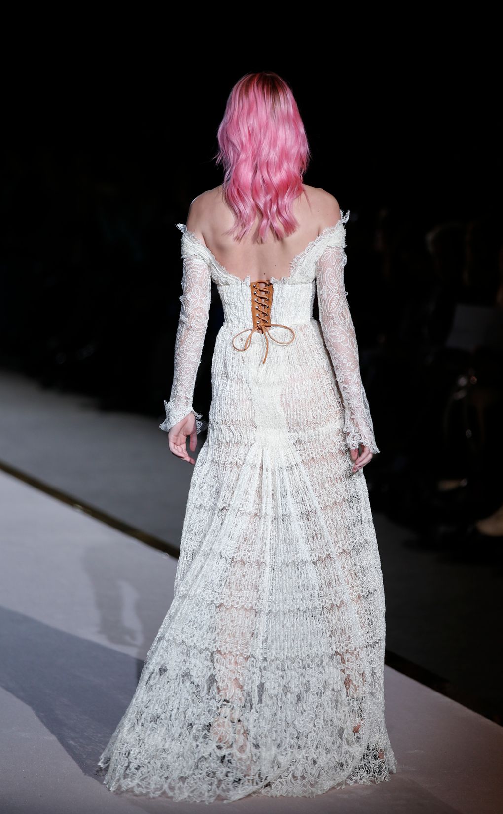 pink dress runway Pyper America on Scervino runway in white lace, pink hair