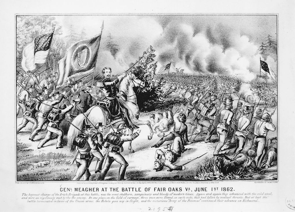 A battle sketch shows mustachioed Meagher on his horse and with his soldiers. This Currier & Ives print helped make the brigade famous when the Union was starved for heroes and positive war news.
