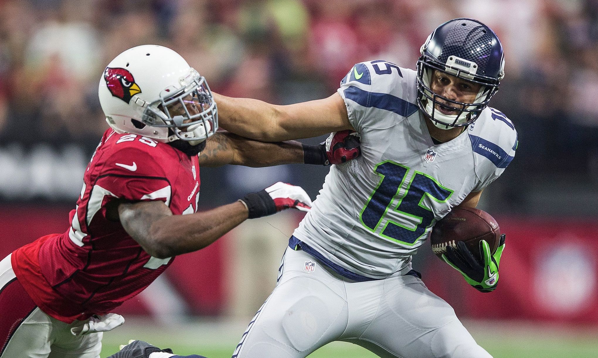 Tyler Lockett Seattle Seahawks Unsigned Reaches for Long Catch Photograph