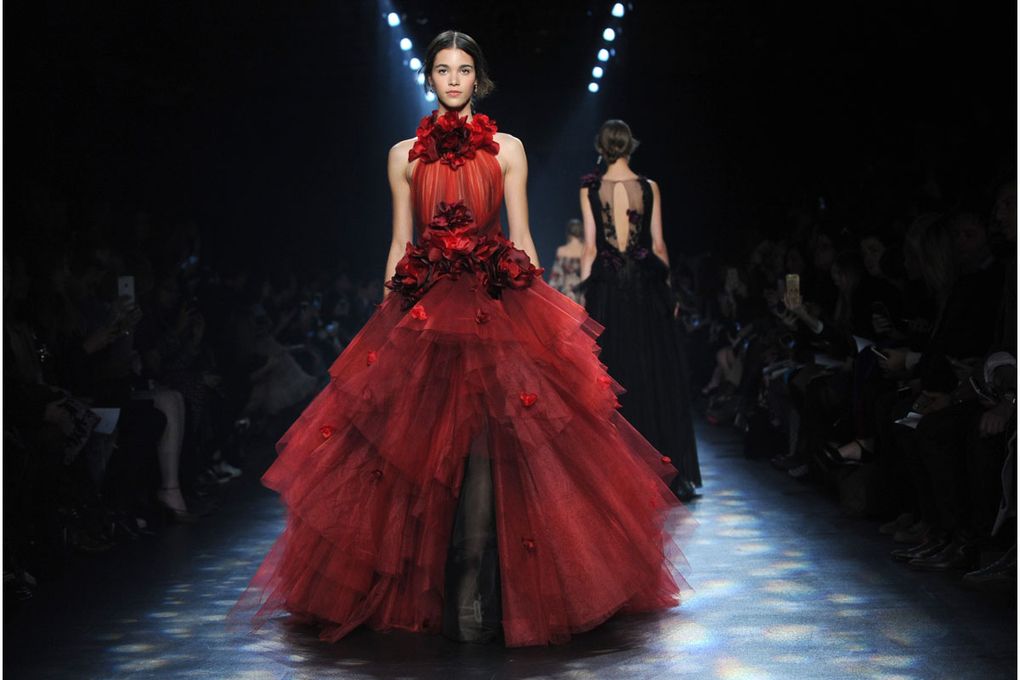 open lace back dress Marchesa Girls Pleated Tulle Flounce Gown in Red main image 1