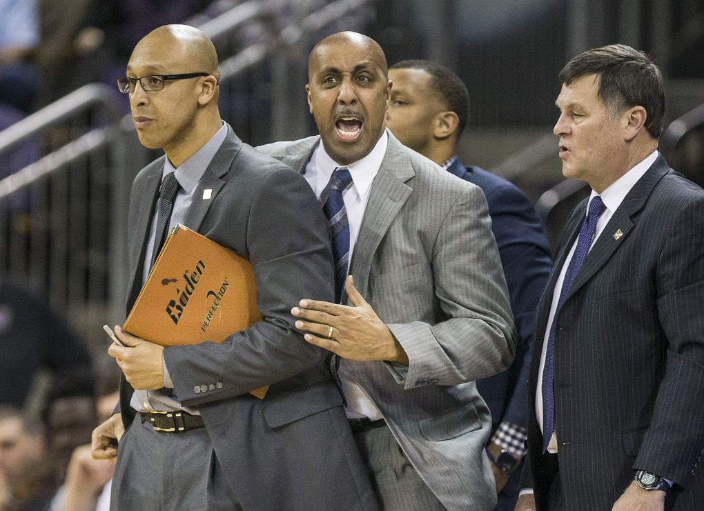 Lorenzo Romar loses his cool and is whistled for a technical following a foul call against Marquese Chriss in the first half. Long Beach State University played Washington’s men in the first round of the NIT Tuesday, March 15, 2016 at Alaska Airlines Arena. (Dean Rutz / The Seattle Times)