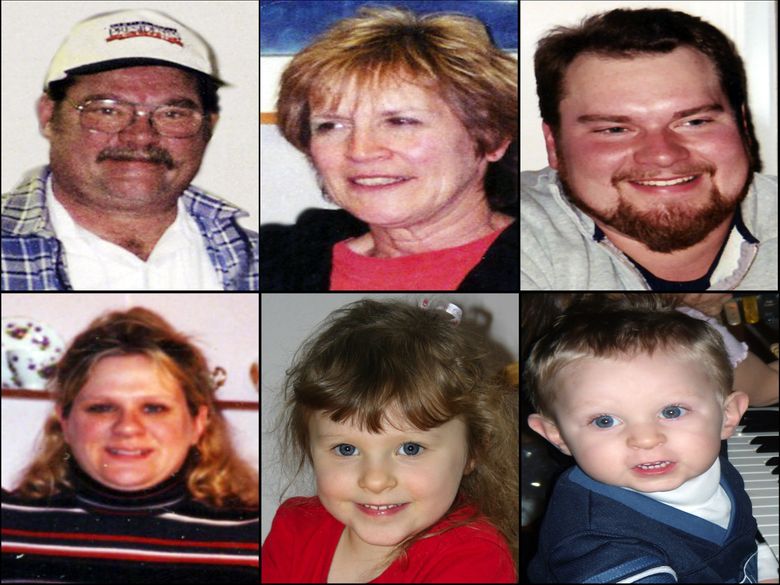 Members of the Anderson family who were killed on Dec. 24, 2007, in Carnation. From top left: Wayne Anderson, 60, Judy Anderson, 61, Scott Anderson, 32, Erica Anderson (bottom left), 32, Olivia Anderson, 5, and Nathan Anderson, 3. (King County Prosecutor’s Office)