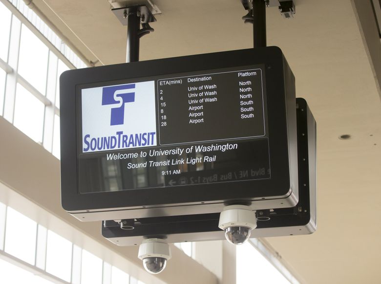 Sound Transit tests the monitors at the new station at Husky Stadium. The new light-rail station opens on March 19th. (Mike Siegel/The Seattle Times)