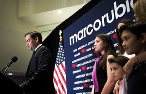 Republican presidential hopeful Sen. Marco Rubio of Florida with his family on stage during a primary night event in Miami, March 15, 2016. Rubio suspended his campaign on Tuesday after losing the Florida primary to Donald Trump. (Hilary Swift/The New York Times)
