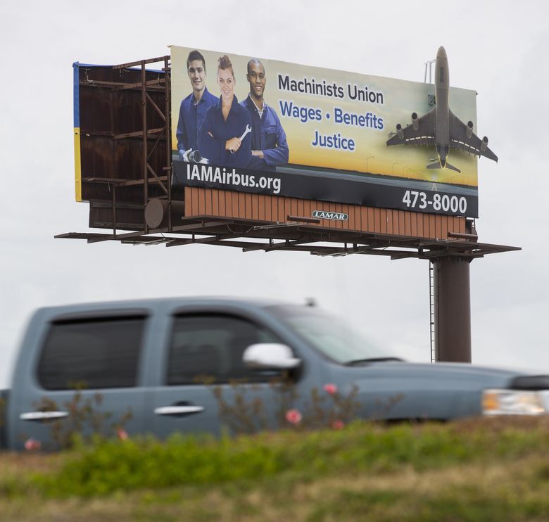 A Machinists union billboard near the Brookley Field Aeroplex promotes its effort to organize the Airbus final-assembly facility in Mobile, Ala., a “right-to-work” state.  (Mike Siegel/The Seattle Times)