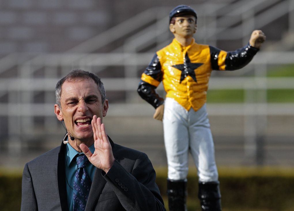 Track announcer Robert Geller is pictured April 13, 2012, on the opening day of racing at Emerald Downs. (Mark Harrison / The Seattle Times)