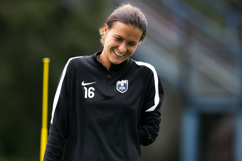 Seattle Reign FC defender Carson Pickett laughs during soccer practice on April 11, 2016. (Bettina Hansen/The Seattle Times)