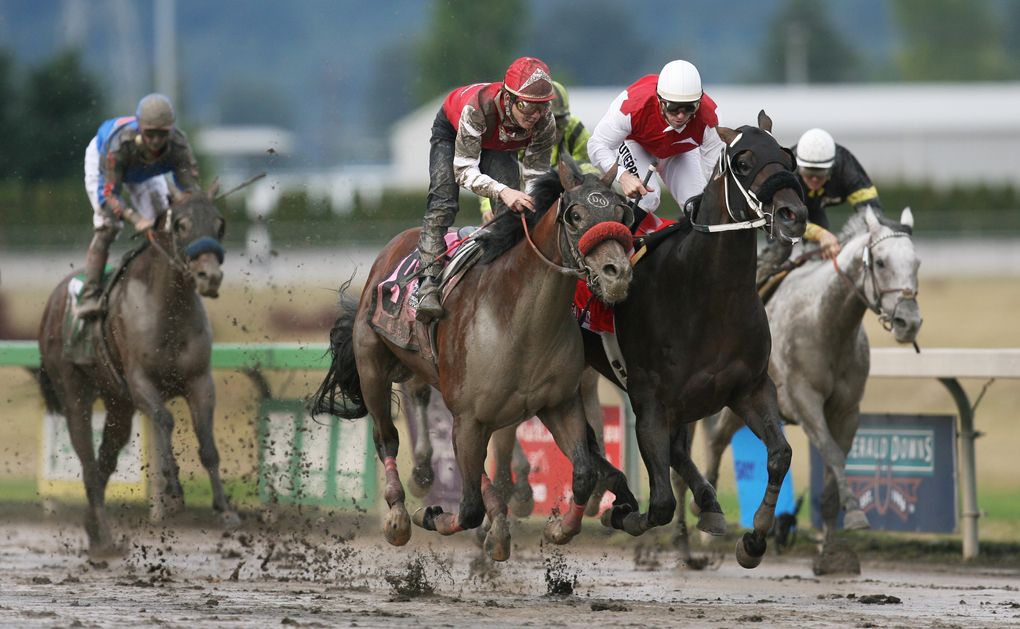 Juan Gutierrez (white cap) nudges Great Face ahead of Tyler Baze (red) aboard Raise the Bluff to win the 2007 Longacres Mile for owner Ron Crockett on Aug. 19, 2007. (Rod Mar / The Seattle Times)