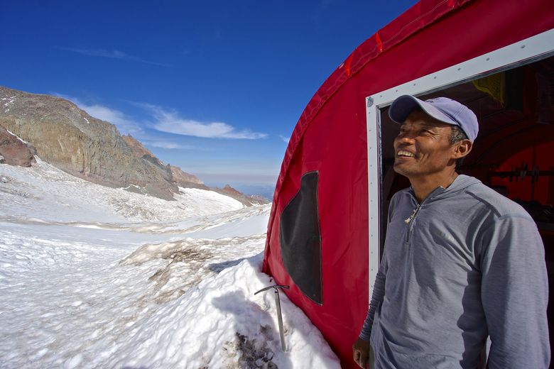 Lakpa Rita outside Alpine Ascents International’s kitchen tent at Mount Rainier’s Camp Muir last September. Lakpa is now back at Mount Everest where he’s managing the base camp. (Anna Callaghan)