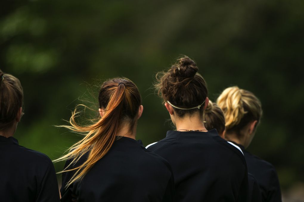 Seattle Reign defender Carson Pickett’s long ponytail blows in the breeze during soccer practice on April 5, 2016. (Bettina Hansen/The Seattle Times)