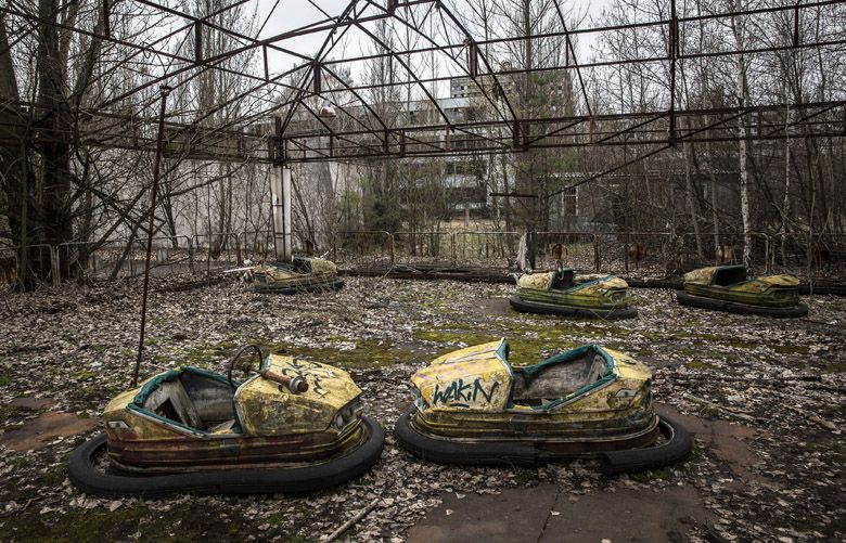 Bumper cars in abandoned Pripyat, Ukraine â€” the largest city in the exclusion zone surrounding the Chernobyl reactor, April 9, 2016.Thirty years later, there are signs of commercial clear-cutting in supposedly off-limits forests around the site of the nuclear disaster in Ukraine. (Bryan Denton/The New York Times)