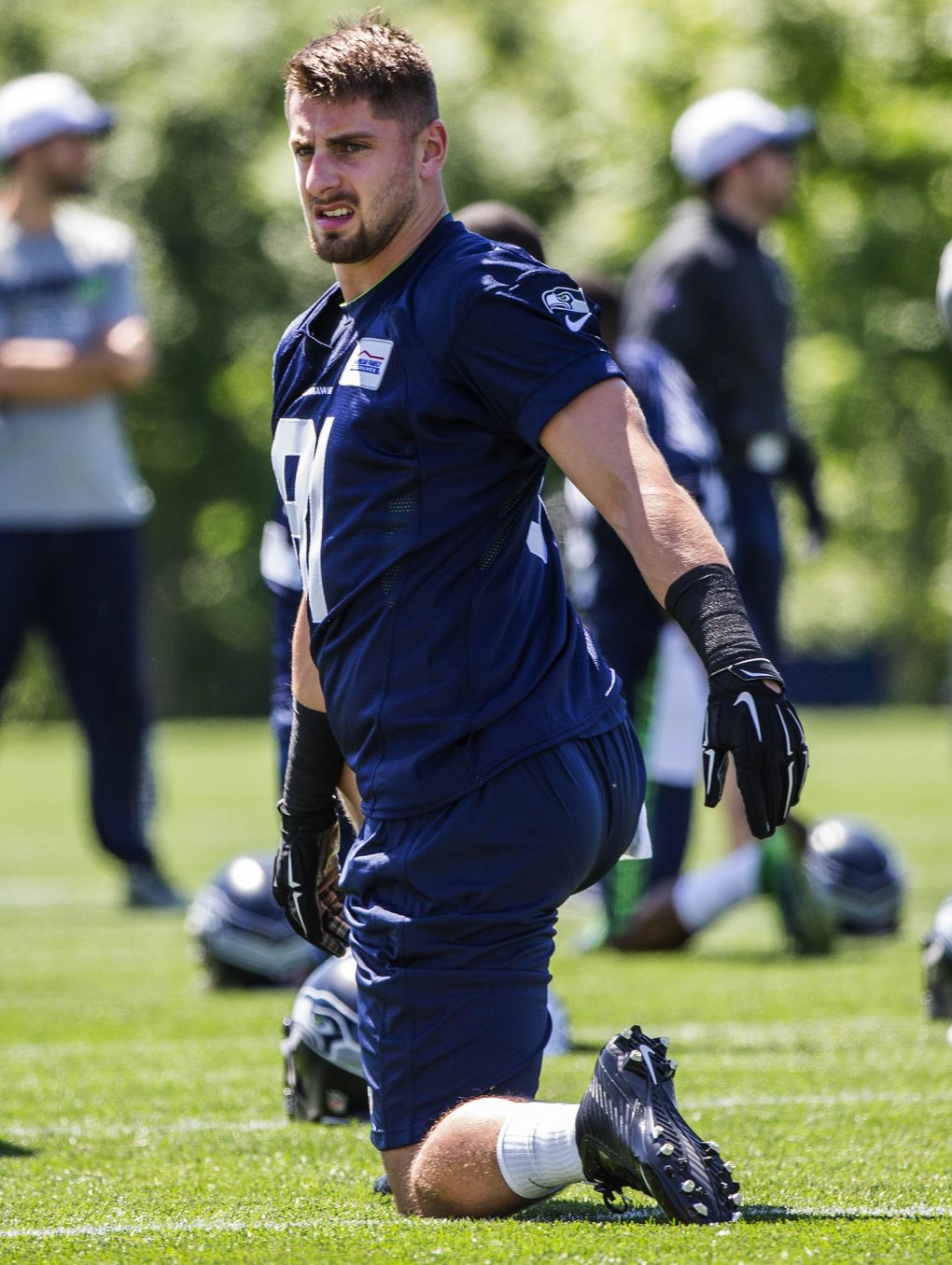 Tight end Nick Vannett works out with the Seahawks Friday at rookie minicamp. (Dean Rutz / The Seattle Times)