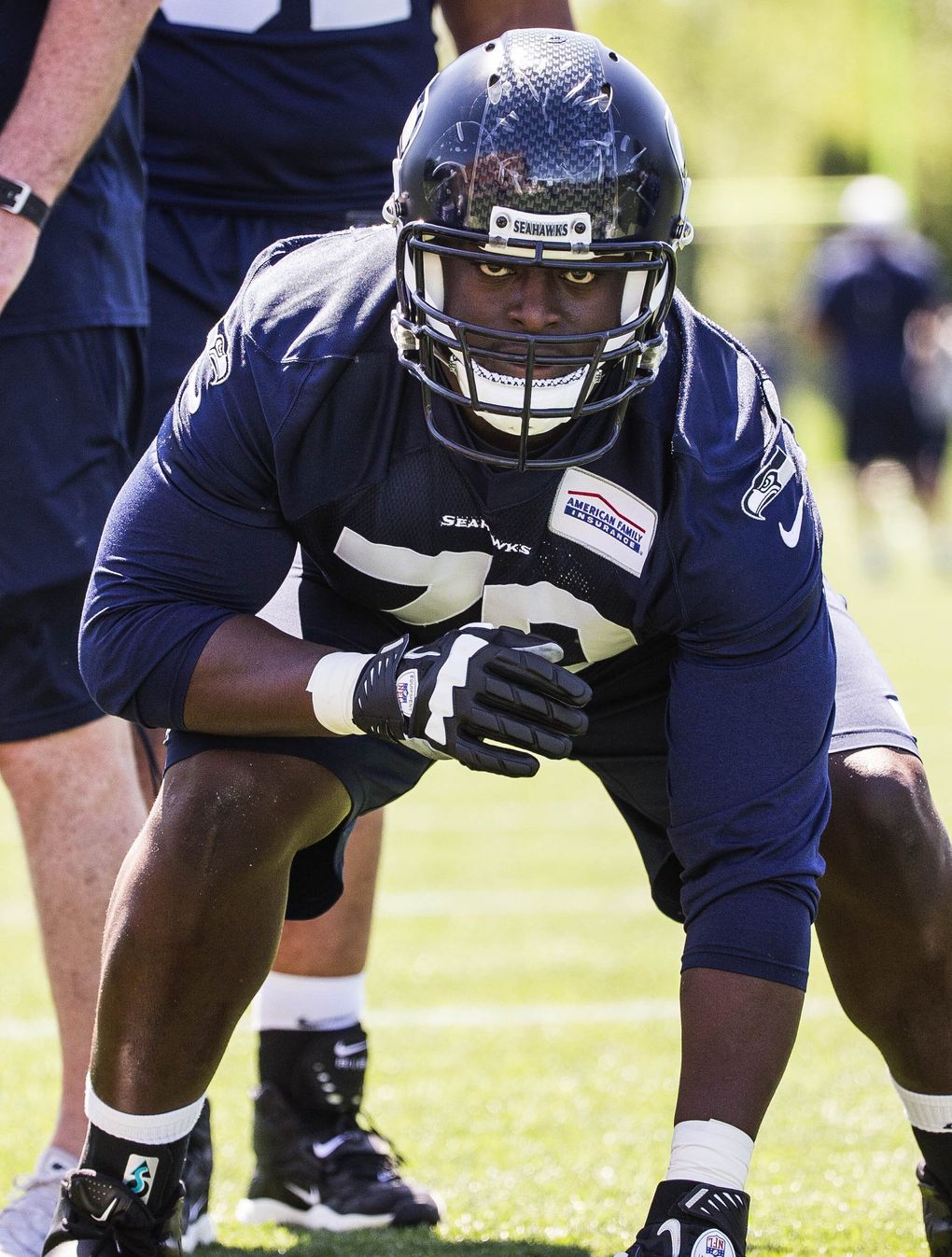 Guard Rees Odhiambo works out with the Seahawks Friday at rookie minicamp. (Dean Rutz / The Seattle Times)