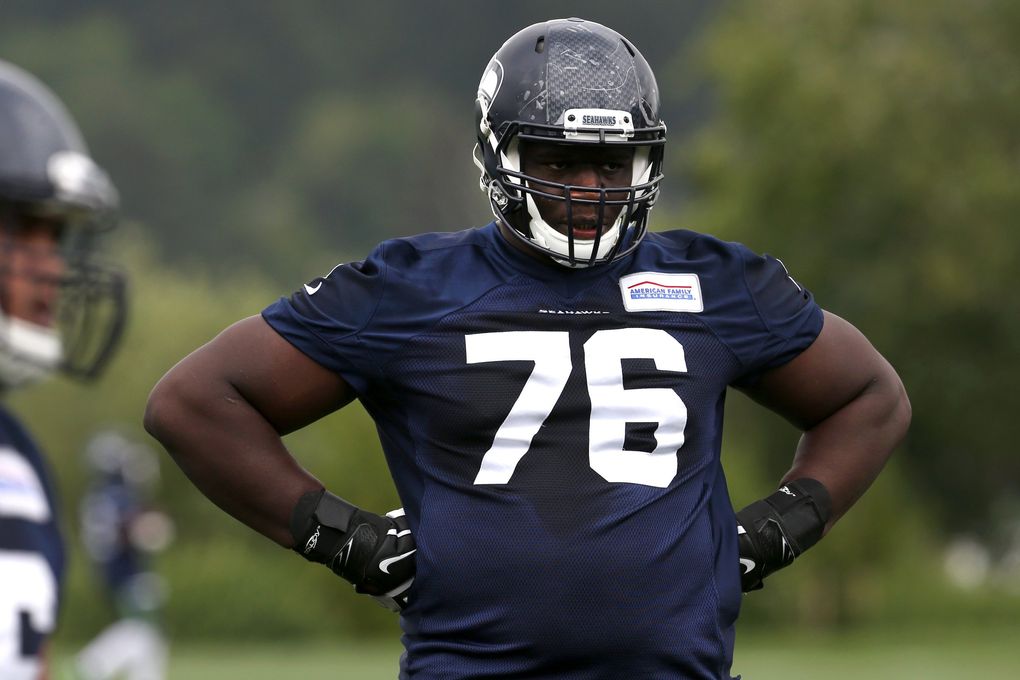 Seahawks rookie offensive lineman Germain Ifedi participates in organized team activities on May 26. (Johnny Andrews / The Seattle Times)