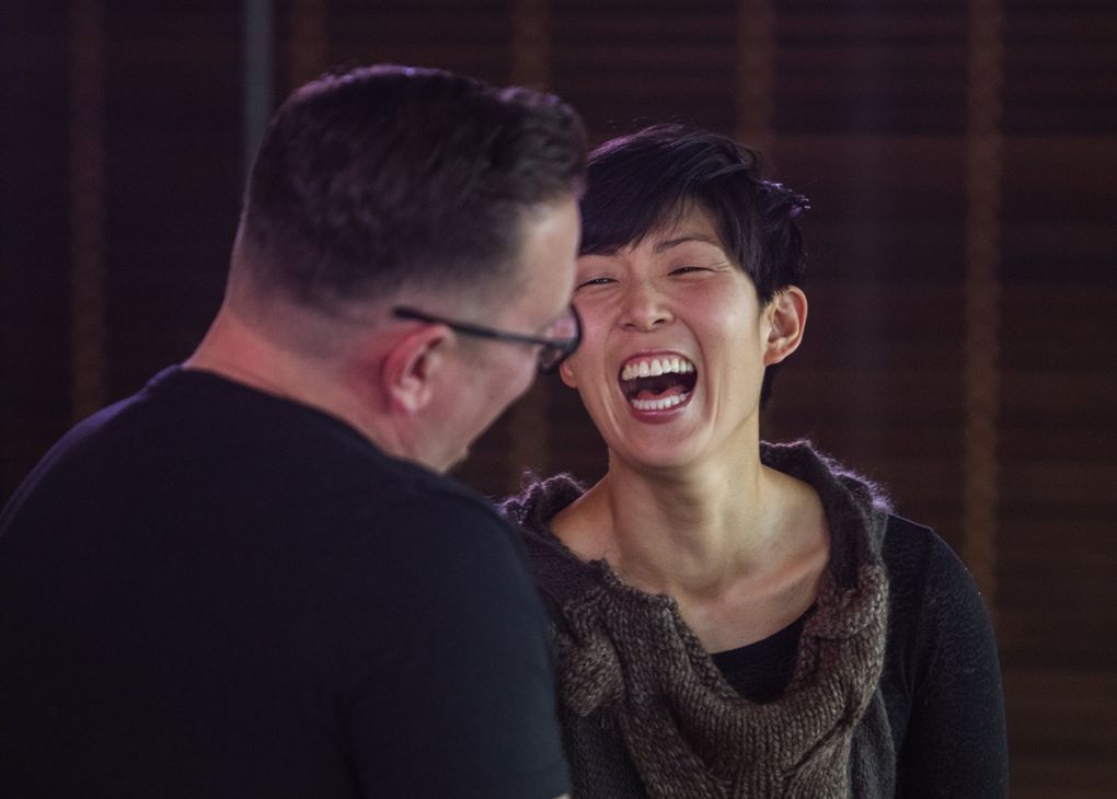 “Start Up” host Gary Bredow interviews Siren CEO Susie Lee, during a taping for the show on Wednesday, May 25. (Steve Ringman/The Seattle Times)