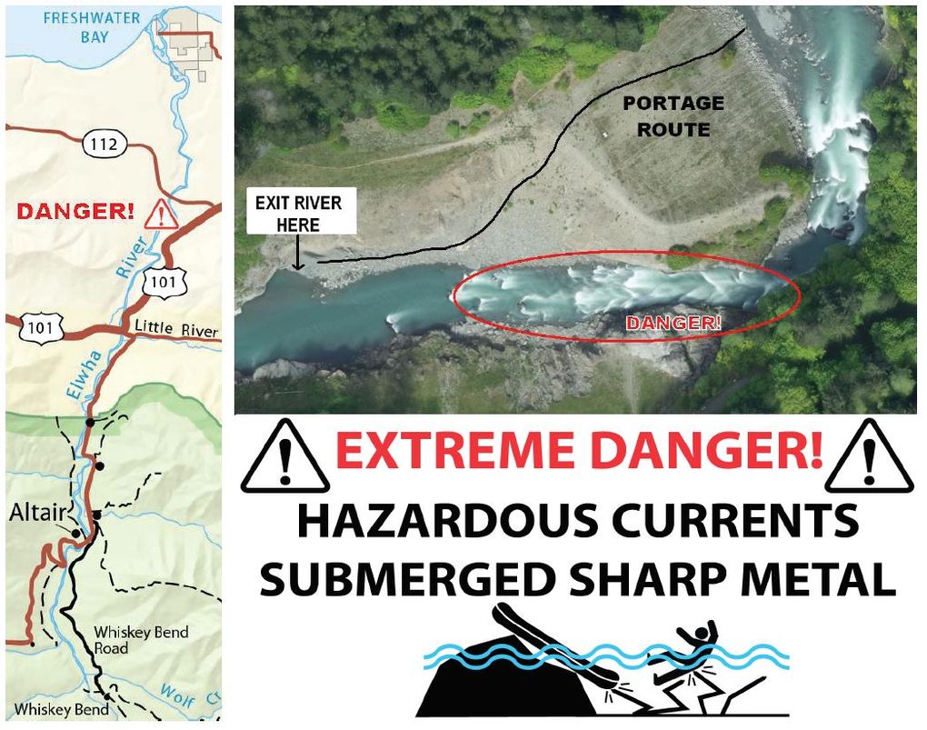 A posting warns about hazards at the site of the former Elwha Dam and shows the location and routing for portaging around the dam site. (Olympic National Park graphic)