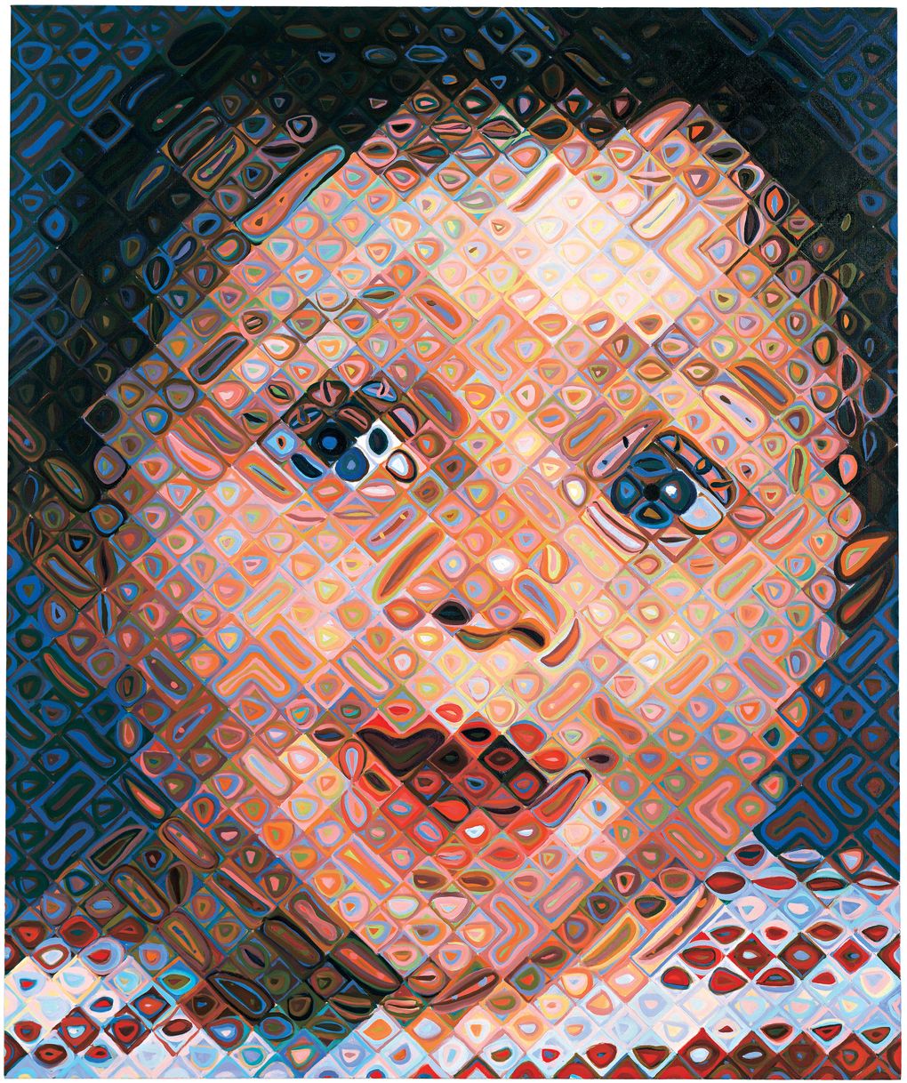“Emma,” a portrait of Chuck Close’s 3-month-old niece, is the only oil painting in his retrospective at Schack Art Center in Everett. (Courtesy of the artist)