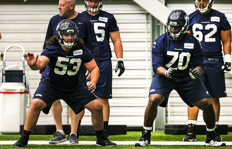 Seattle Seahawks center Joey Hunt (62) talks on the field before the NFL  football team's mock game, Friday, Aug. 4, 2023, in Seattle. (AP  Photo/Lindsey Wasson Stock Photo - Alamy