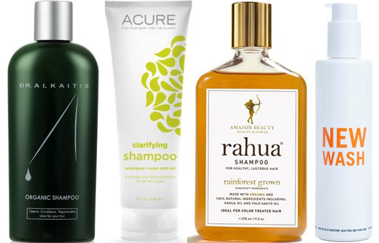 Dr. Alkaitis Organic Herbal Shampoo, $50;  Acure Organics Lemon-grass + Argan Stem Cell Shampoo, $10; Rahua Shampoo, $34;  and Hairstory New Wash, $40 