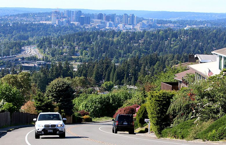 This view from Somerset, south of Bellevue, shows downtown Bellevue. Somerset has lots of steep drives to climb high to the top. Taken May 10, 2016.