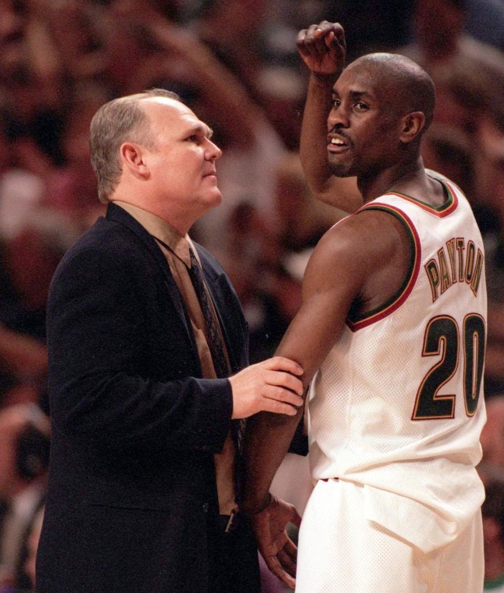 Sonics coach George Karl and point guard Gary Payton in 1996. (Mark Harrison / The Seattle Times)