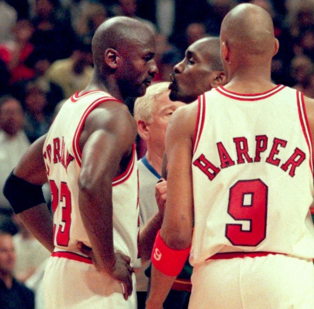 Sonics guard Gary Payton and Bulls guard Michael Jordan exchange words during Game 2 of the 1996 NBA Finals in Chicago. (Rod Mar/The Seattle Times)