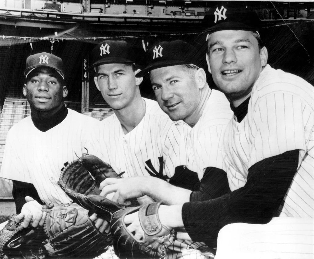 This quartet of New York Yankee pitchers saw action in the 1964 World Series. Posing in New York during a practice session are, from left, Al Downing, Mel Stottlemyre, Whitey Ford and Jim Bouton. (Associated Press)