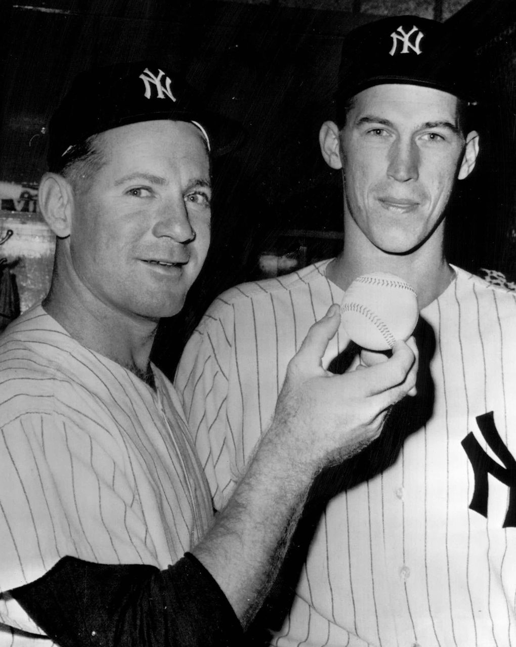 Yankee starters Whitey Ford, left, and then-rookie Mel Stottlemyre compared notes in preparation for the opening of the World Series against the Cardinals in 1964. (Associated Press)