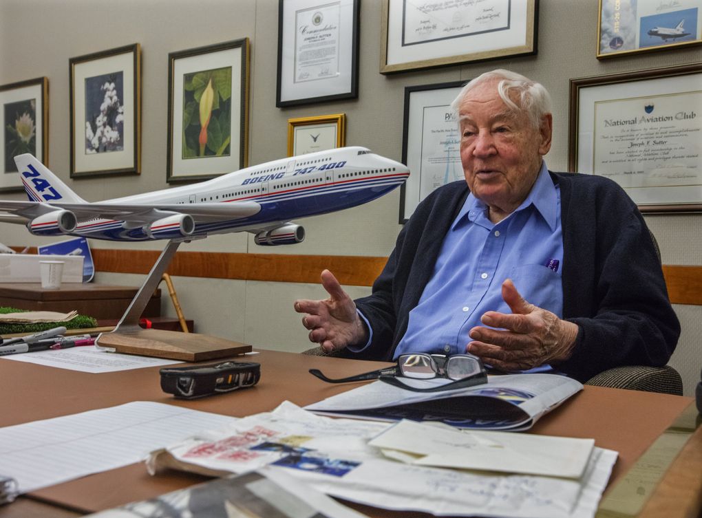 95-year-old Joe Sutter, legendary Boeing engineer and “Father of the 747”, in his office at Boeing. (Steve Ringman / The Seattle Times)