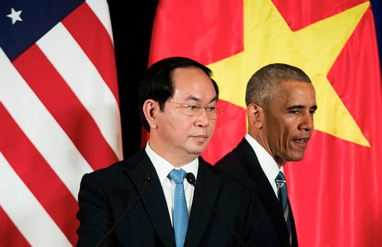FILE – -President Barack Obama and Vietnamese President Tran Dai Quang during a joint news conference at the International Convention Center in Hanoi, Vietnam, May 23, 2016. The same harsh politics that have spawned obituaries for Obamaâ€™s signature trade agreement between the U.S. and 11 other Pacific Rim nations could actually help win its ratification in Congress in a lame-duck vote late this year, advocates are hoping. (Doug Mills/The New York Times)