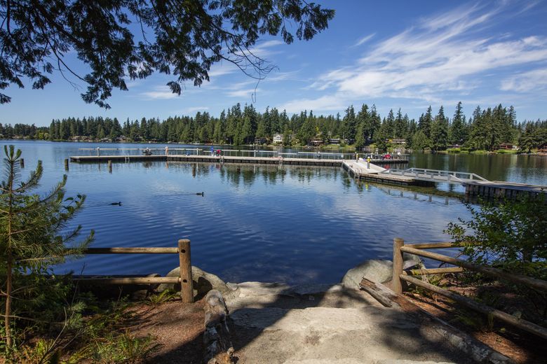 Pine Lake Park, along picturesque Pine Lake in Sammamish, is popular among families for its large play area and ball fields, plus its beach and docks, which are especially popular among local fishermen. (Steve Ringman/The Seattle Times)