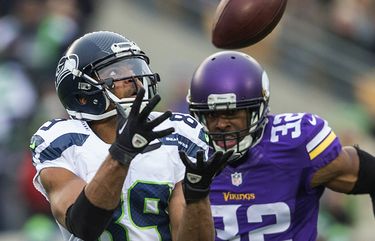 Doug Baldwin gets behind Minnesota safety Antone Exum Jr. and pulls in a 53-yard touchdown catch from Russell Wilson in the 3rd quarter.  The Seattle Seahawks played the Minnesota Vikings Sunday, December 6, 2015 at TCF Bank Stadium in Minneapolis.