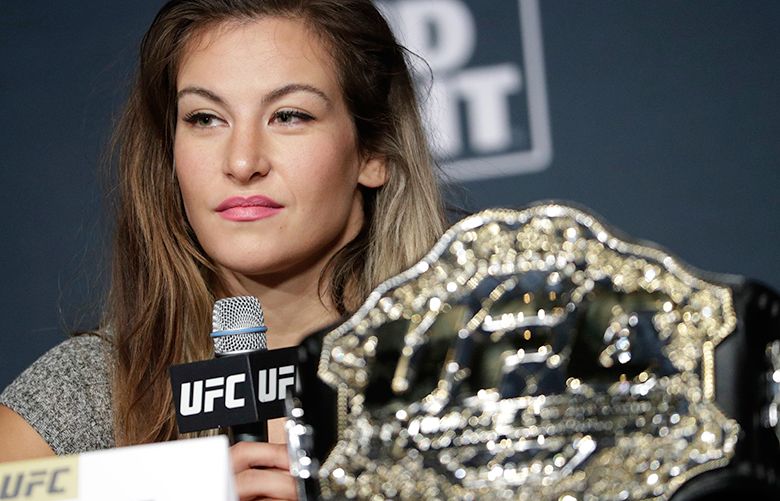 Miesha Tate speaks during a UFC 200 mixed martial arts news conference Wednesday, July 6, 2016, in Las Vegas. Tate is scheduled to fight Amanda Nunes in a women’s bantamweight championship fight at UFC 200 on Saturday. (AP Photo/John Locher)