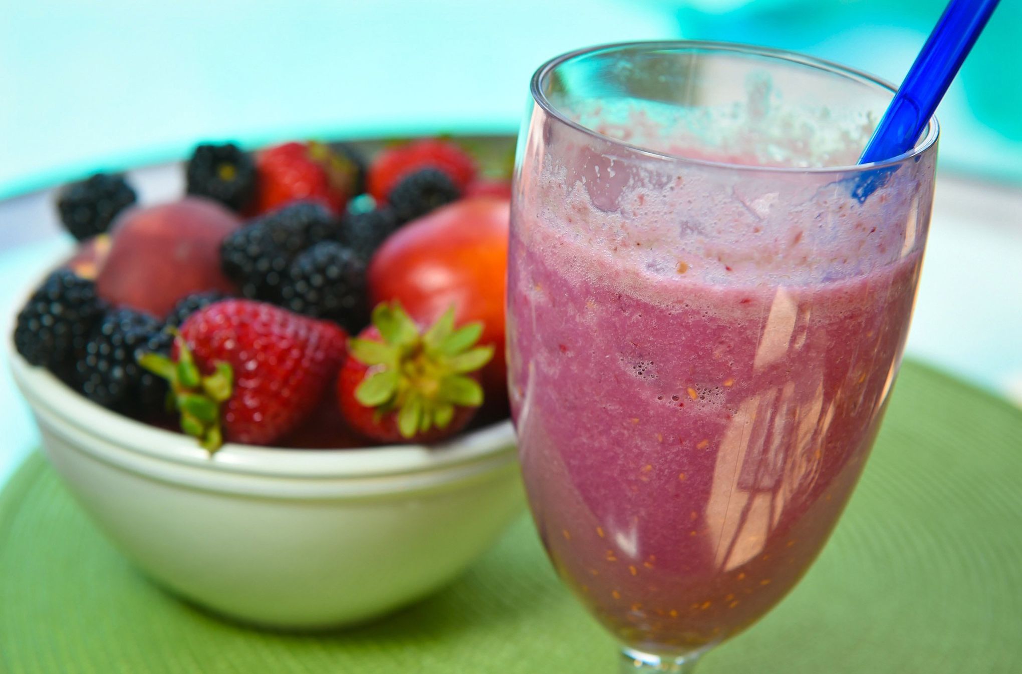 Fruit Smoothies In Plastic Cups With Blueberry, Strawberry, Kiwi