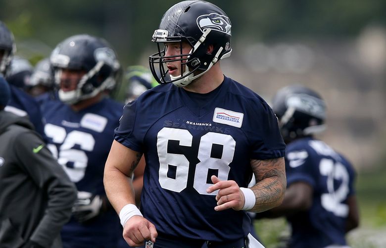 Seattle Seahawks center Justin Britt (68) participates in minicamp on Tuesday, June 14, 2016, at the Virginia Mason Athletic Center in Renton.