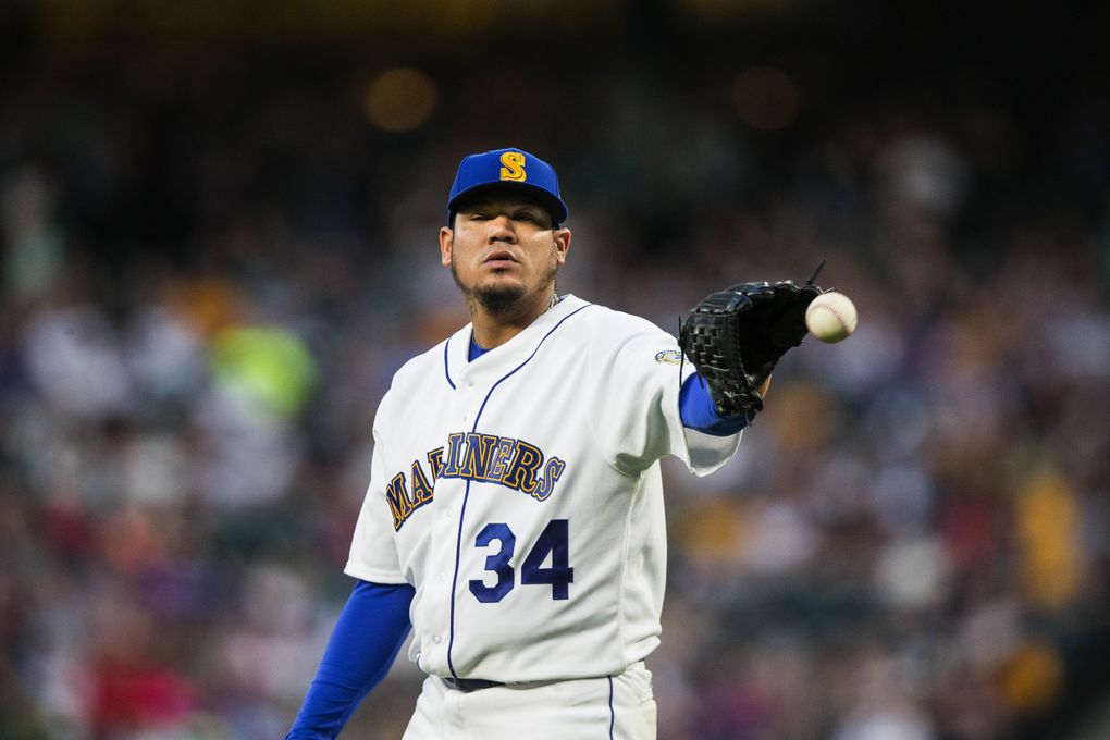 Felix Hernandez gave up three runs in the 1st, but got 6-runs back in support. The Los Angeles Angels played the Seattle Mariners Friday night, August 5, 2016, at Safeco Field. (Dean Rutz/The Seattle Times)