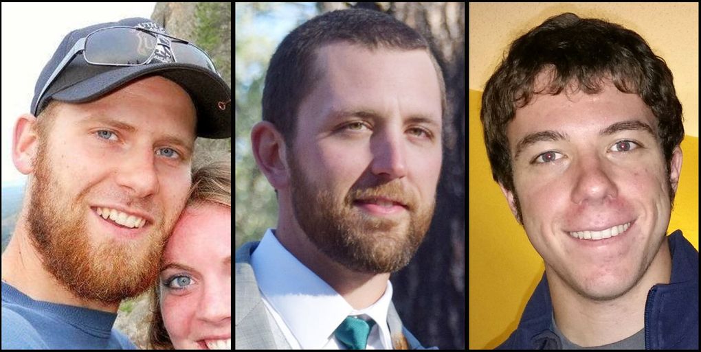 Three firefighters died on Aug. 19, 2015, in a firestorm near Twisp. From left, Richard Wheeler, Andrew Zajac and Tom Zbyszewski. (family photos)