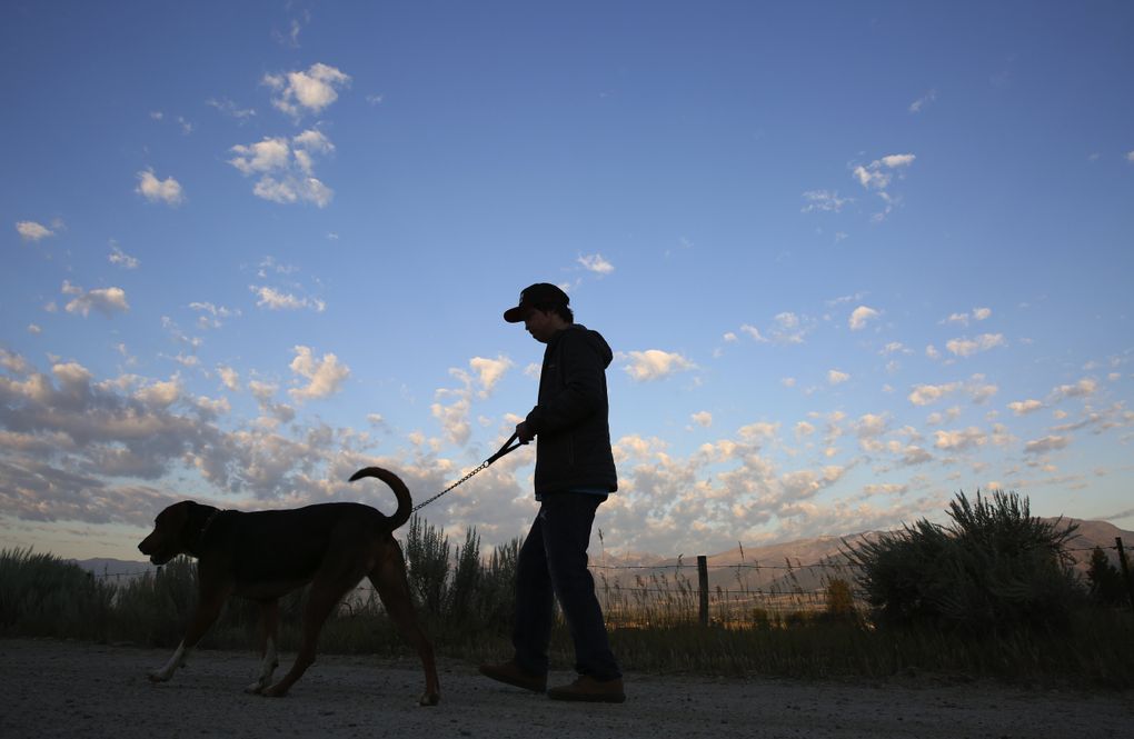 Daniel Lyon Jr. walks Ozark, the family dog, near his parents’ home outside Missoula, Mont. (Ken Lambert/The Seattle Times)