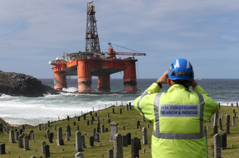 Fuel tanks breached on oil rig swept onto Scottish beach