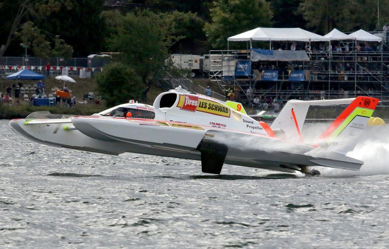Sunday,  August 7FINAL DAY Hydro qualifying and racing FINAL RACERookie driver Andrew Tate in the Les Schwab/Sound Propeller takes off and goes high in the air on the final lap, winning the race.