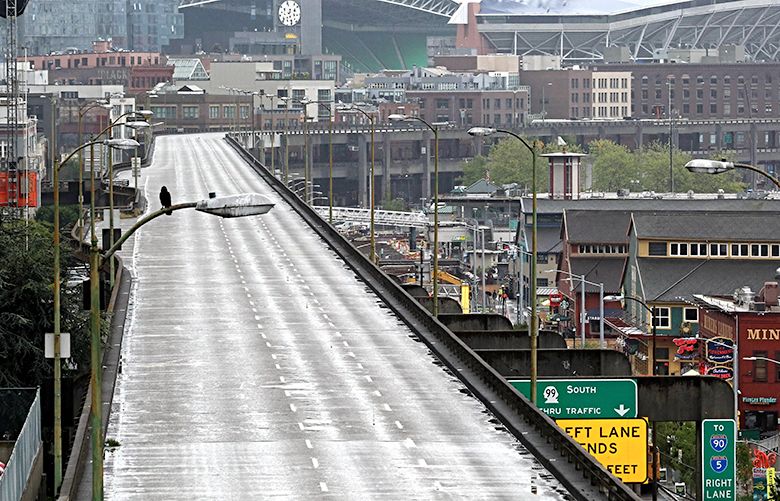 A bird is the only life around at the Alaskan Way viaduct Friday morning,  April 29, 2016.   The viaduct is expected to be shut down to traffic for about two weeks as Bertha, the tunnel boring machine, passes underneath as it continues digging a tunnel.