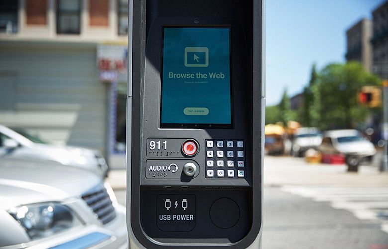 A LinkNYC kiosk in the Hamilton Heights neighborhood of New York, July 7, 2016. City officials have been overwhelmed by complaints about people using the free Wi-Fi for hours on end, some for unsavory purposes. Now, the city and LinkNYC have agreed to switch off the tabletsÕ browsing functions while permanent changes to the system are considered. (Benjamin Norman/The New York Times)