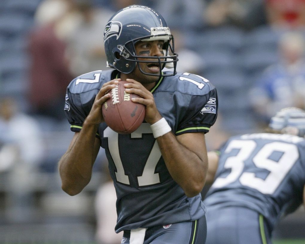 Seattle Seahawks quarterback Gibran Hamdan looks to pass before a preseason game against the Dallas Cowboys at Qwest Field on Aug. 22, 2005. (Photo by: Otto Greule Jr/Getty Images)