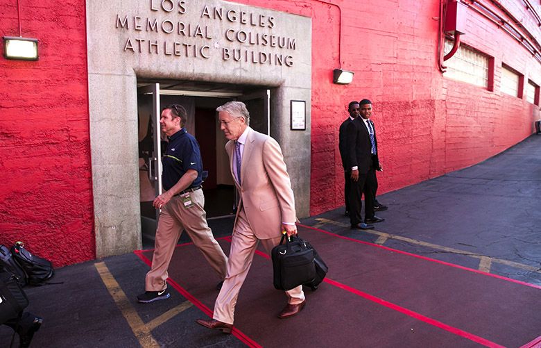 Seattle Seahawks head coach Pete Carroll walks into his old stadium before the Seattle Seahawks take on the Los Angeles Rams at the Los Angeles Memorial Coliseum Sunday September 18, 2016.