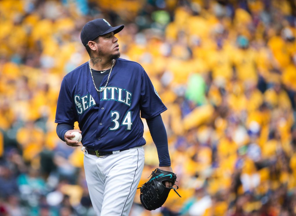 Pitcher Felix Hernandez looks to the outfield after giving up an RBI single to Rangers second baseman Rougned Odor in the top of the third, one of five runs he gave up that inning, at Safeco Field on Monday, Sept. 5, 2016. (Lindsey Wasson/The Seattle Times)