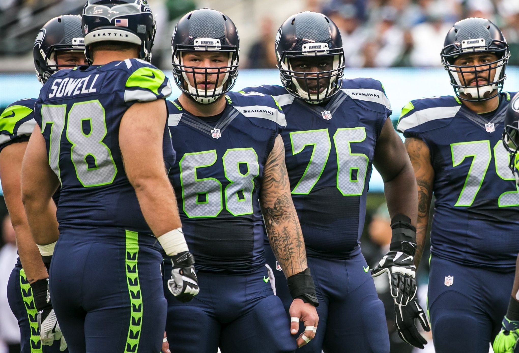 Atlanta Falcons guard Germain Ifedi (74) watches before a