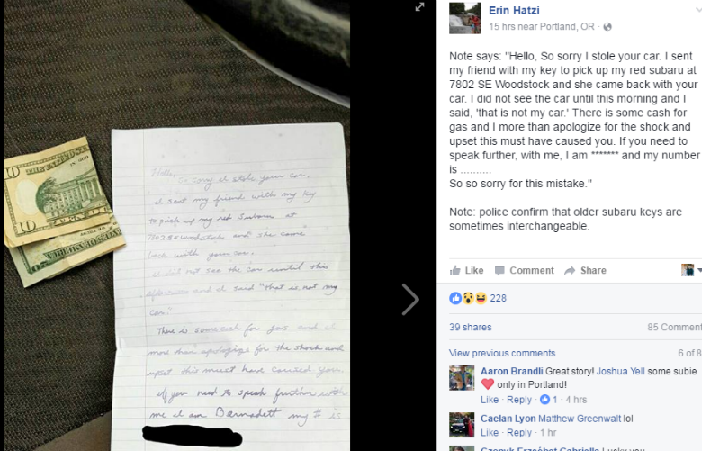 Accidental thief returns Subaru with apology, gas money | The Seattle Times