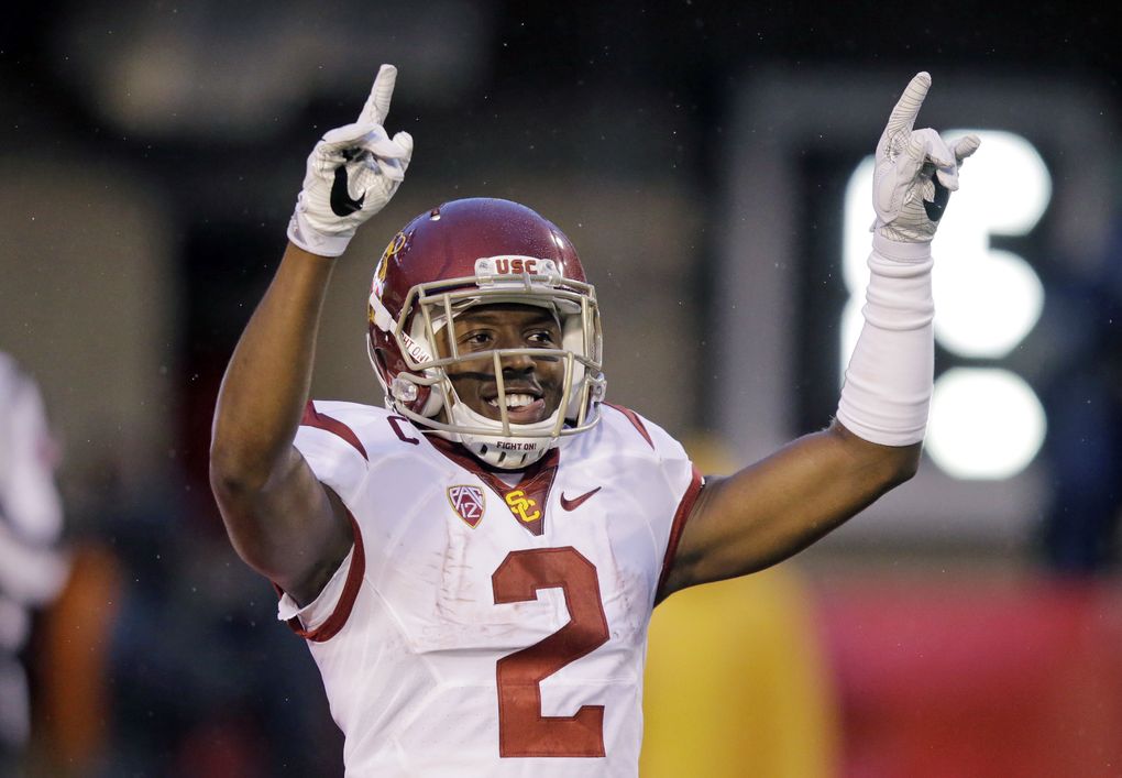 Southern California defensive back Adoree’ Jackson (2) celebrates as he walks on the field in the first half during an NCAA college football game against Utah, Friday, Sept. 23, 2016, in Salt Lake City. (AP Photo/Rick Bowmer) UTRB104