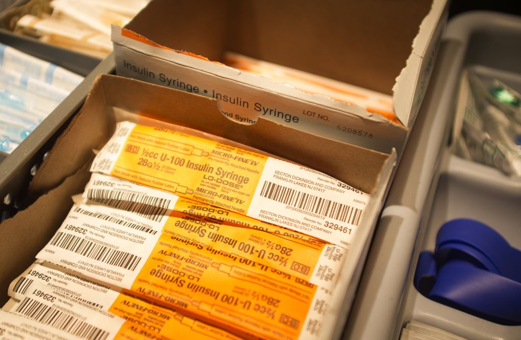 Packaged syringes, rubber tourniquets (at right) and alcohol swabs are some of the sterile supplies available to addicts visiting Insite, which is staffed by nurses and other health workers. (Lindsey Wasson/The Seattle Times)