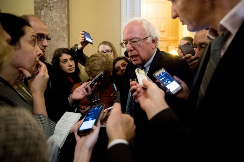 Sen. Bernie Sanders, I-Vt., speaks to reporters on Capitol Hill in Washington, Wednesday, Nov. 16, 2016, after Sen. Chuck Schumer, D-N.Y. is elected minority leader for the upcoming 115th Congress. (AP Photo/Andrew Harnik)